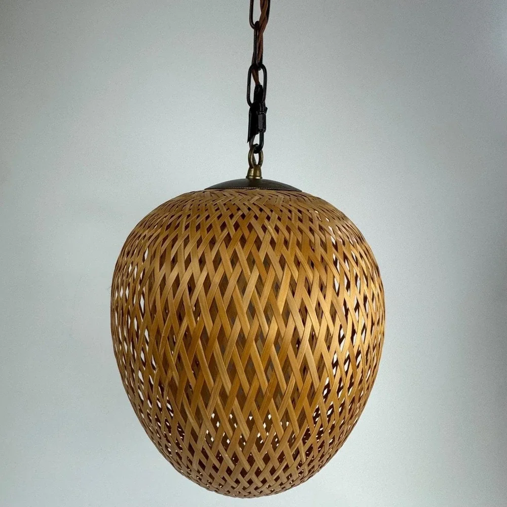 Vintage Woven Bamboo Swag Pendant Light MCM Boho Teardrop Hanging Lamp plug in